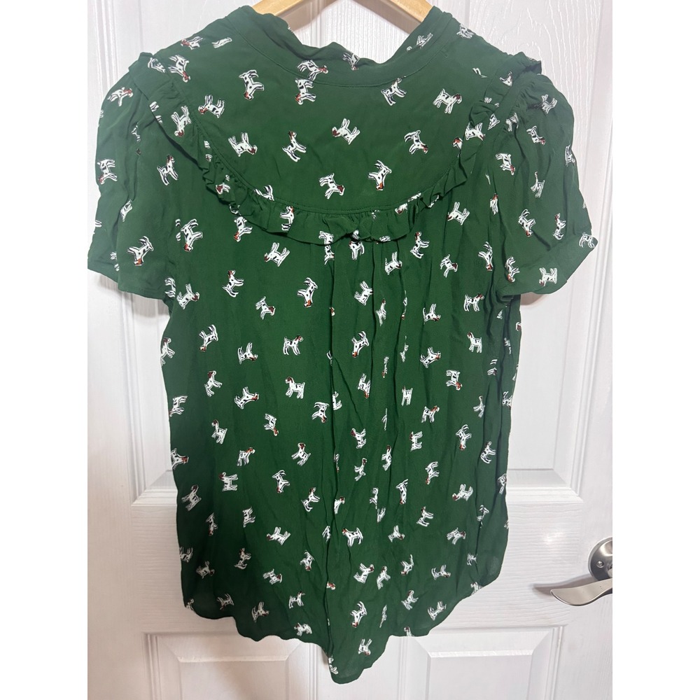 Maeve Anthropologie Green Dog Print Ruffle Collar Tie Front Blouse Medium - Picture 4 of 6